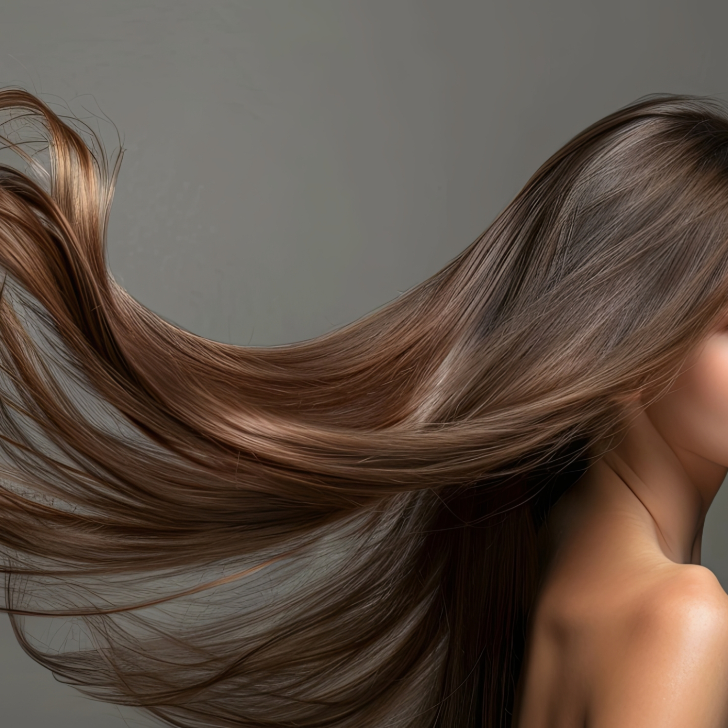 Portrait of a beautiful young woman with long straight shiny healthy brown hairs looking at the camera with hair tossing in the air, isolated on gray background,cosmetic shampoo, conditioner, salon. --ar 16:9 Job ID: e71d23df-41be-42d5-9d4d-387c4119f6d7